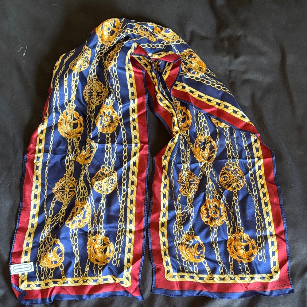 Adrienne Vittadini Blue and Gold Chain Pattern Silk Scarf